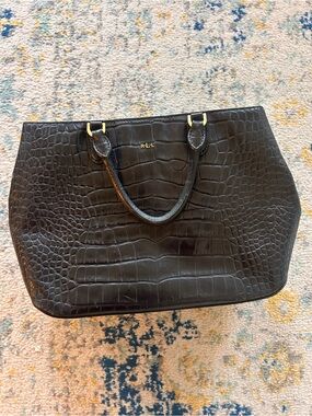 Ralph Lauren Black Croc-Embossed Leather Tote